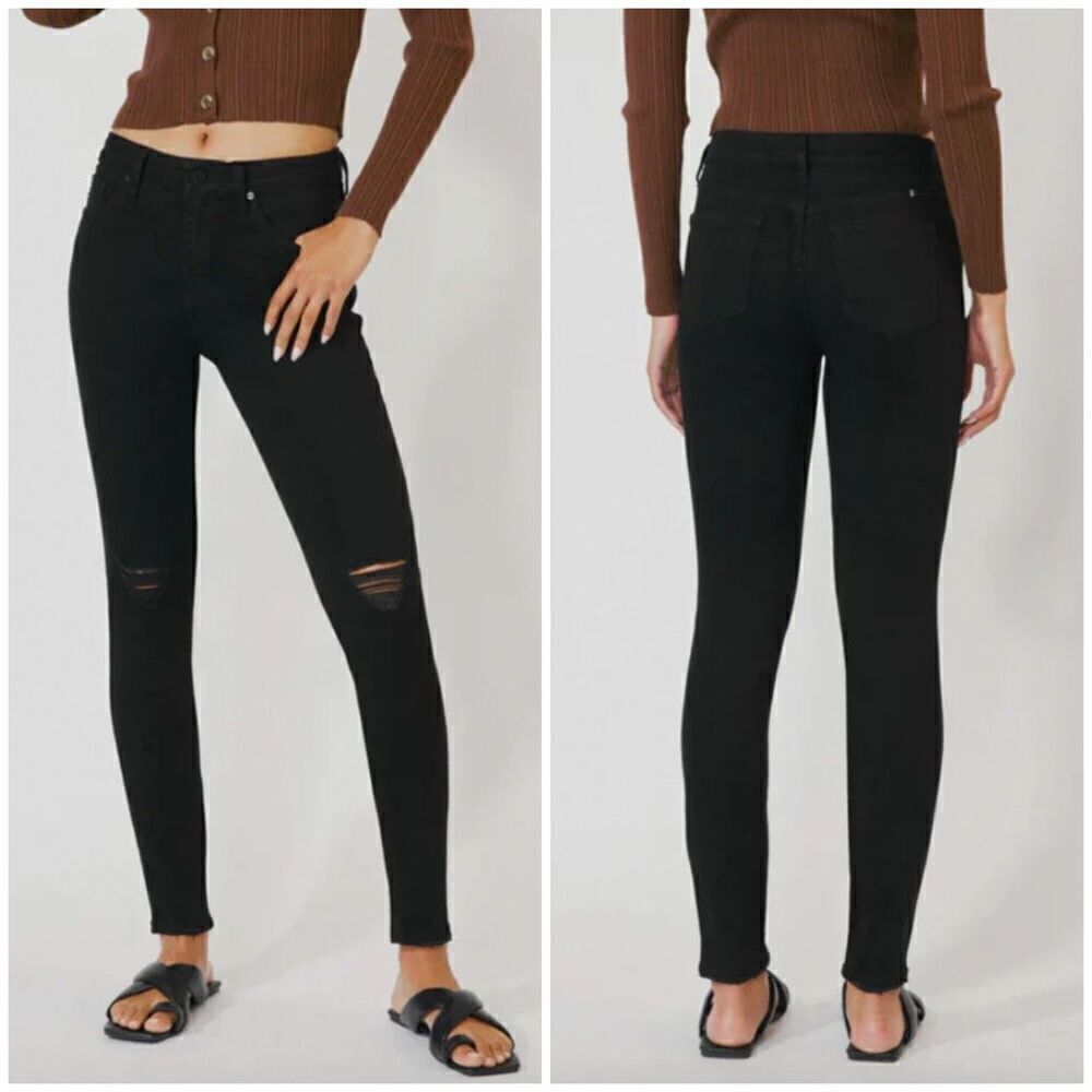 Kancan Naya Black Ripped Knee Distressed Denim Mid Rise Super Skinny Jeans 29